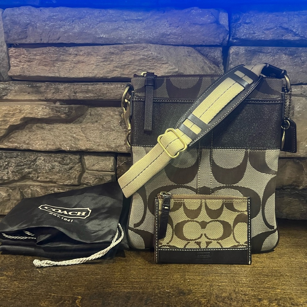 Coach Brown and Tan Crossbody Bag with Matching Wallet